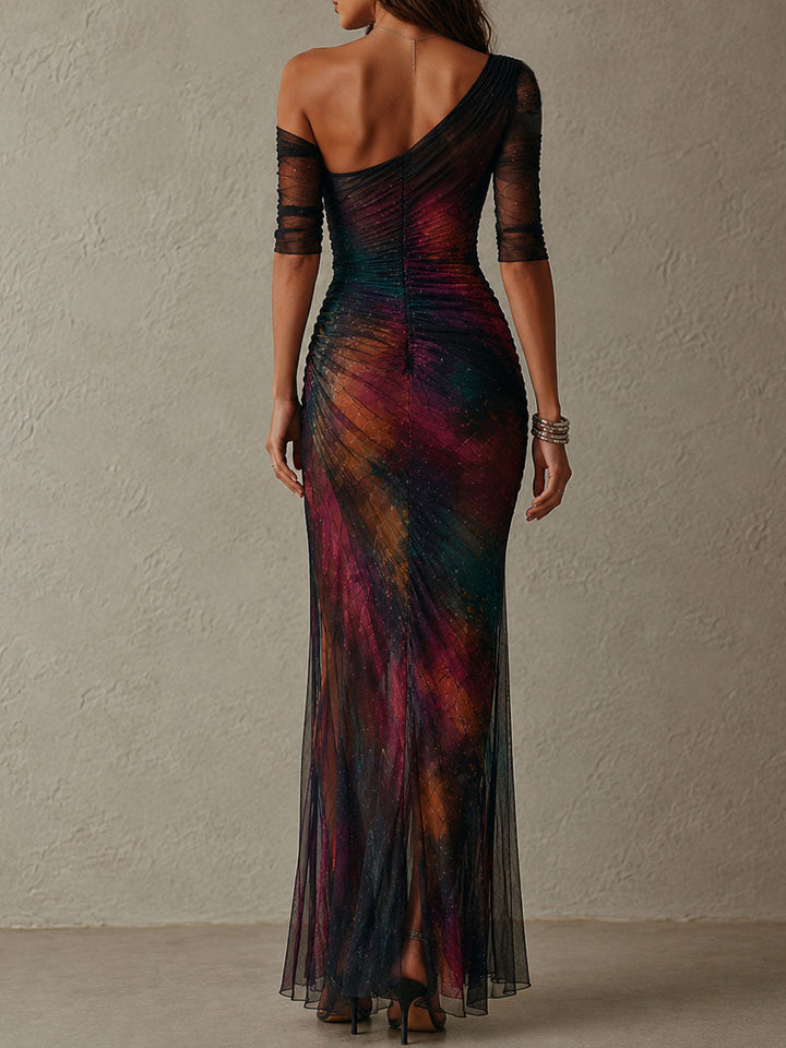 Retro Elegant Galaxy Print One-Shoulder Ruched Mesh Evening Maxi Dress
