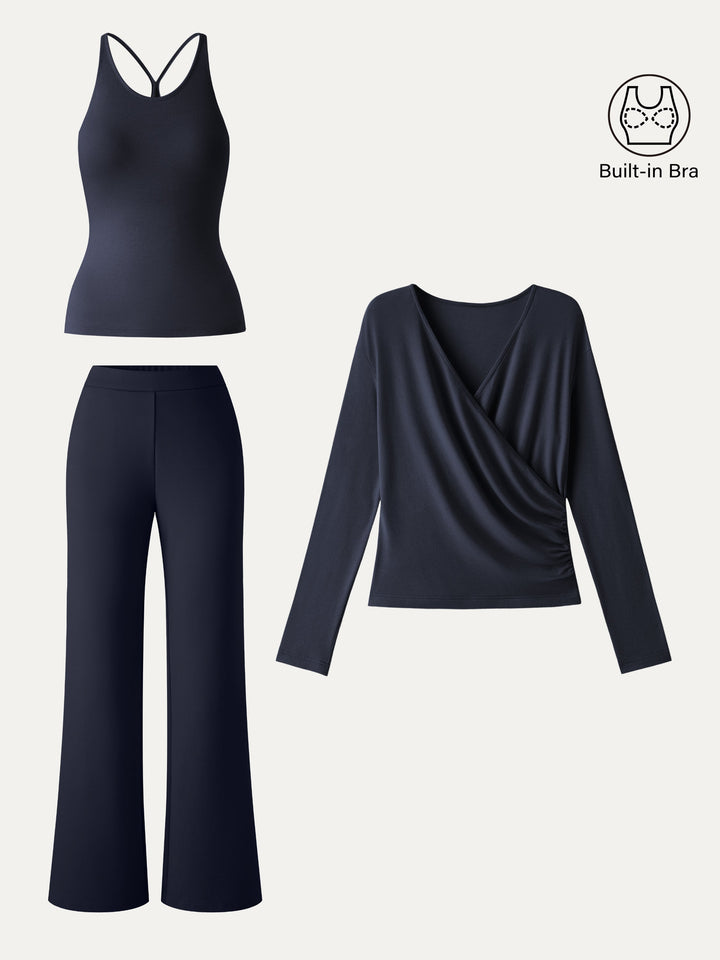 2Pcs Set Surplice Ruched Built-In Bra Top 2.0 & Slim Flared Pants with Pockets