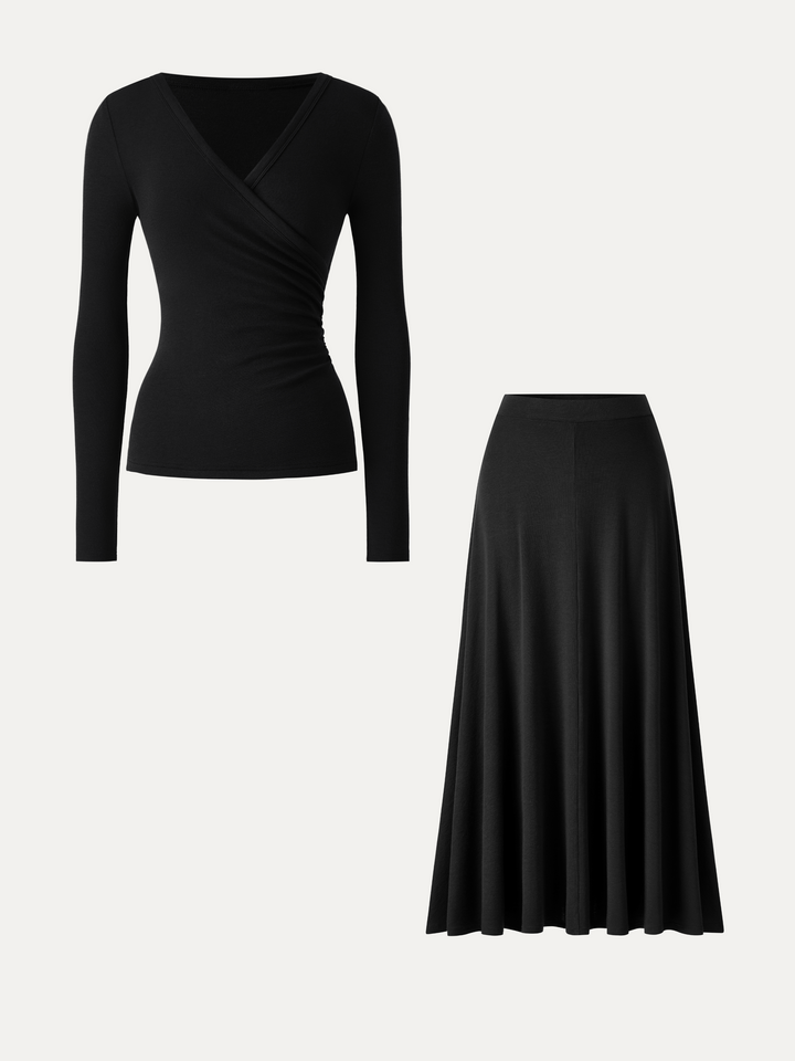 2Pcs Set LiteWarm Surplice Ruched Top & Blend Mid-Rise Umbrella Maxi Skirt
