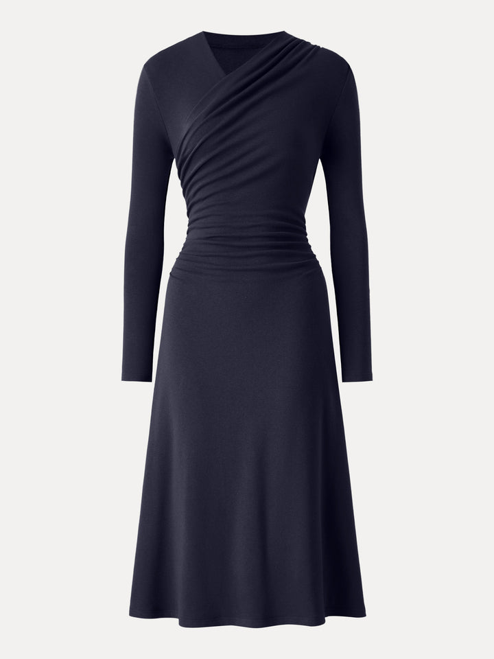 ProWarm Crossover Wrap Neck Long Sleeve Ruched Midi Dress