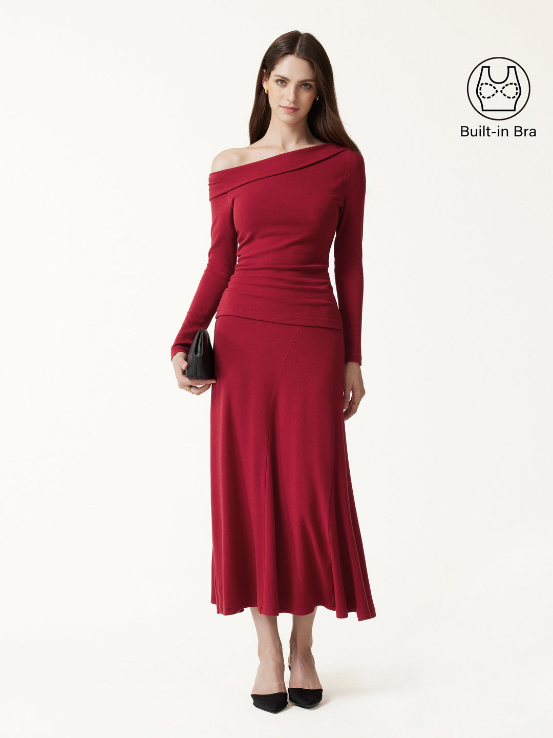 2Pcs Set LiteWarm Asymmetrical Built-In Bra Top 2.0 & High-Rise A-Line Midi Skirt — women's women > bundles&sets > bundles, front view