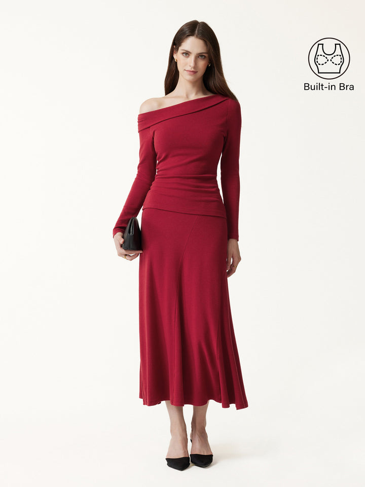 2Pcs Set LiteWarm Asymmetrical Built-In Bra Top 2.0 & High-Rise A-Line Midi Skirt