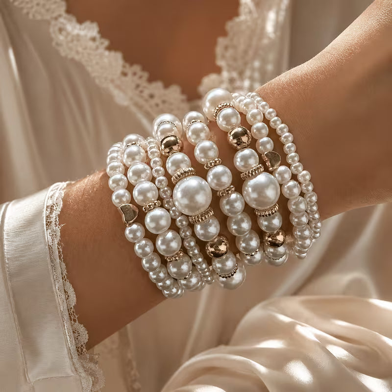 Close-up of the pearl bead strands