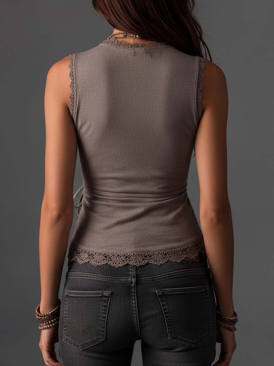 Taupe Cotton-Linen Blend Wrap-Front Lace-Trimmed Sleeveless Top | Harry & Kate London