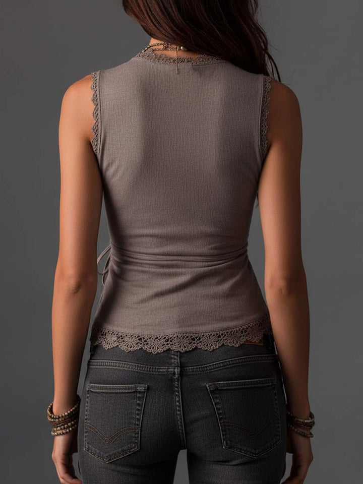 Taupe Cotton-Linen Blend Wrap-Front Lace-Trimmed Sleeveless Top | Harry & Kate London