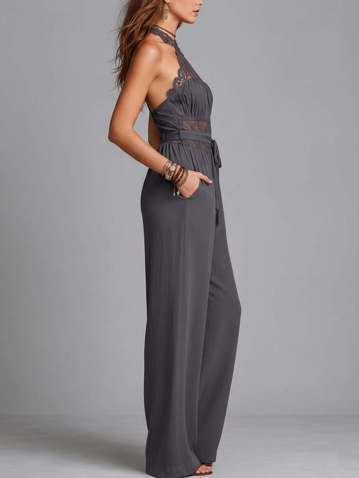 Charcoal Gray Lace Halter Crinkled Cotton-Linen Blend Wide-Leg Jumpsuit