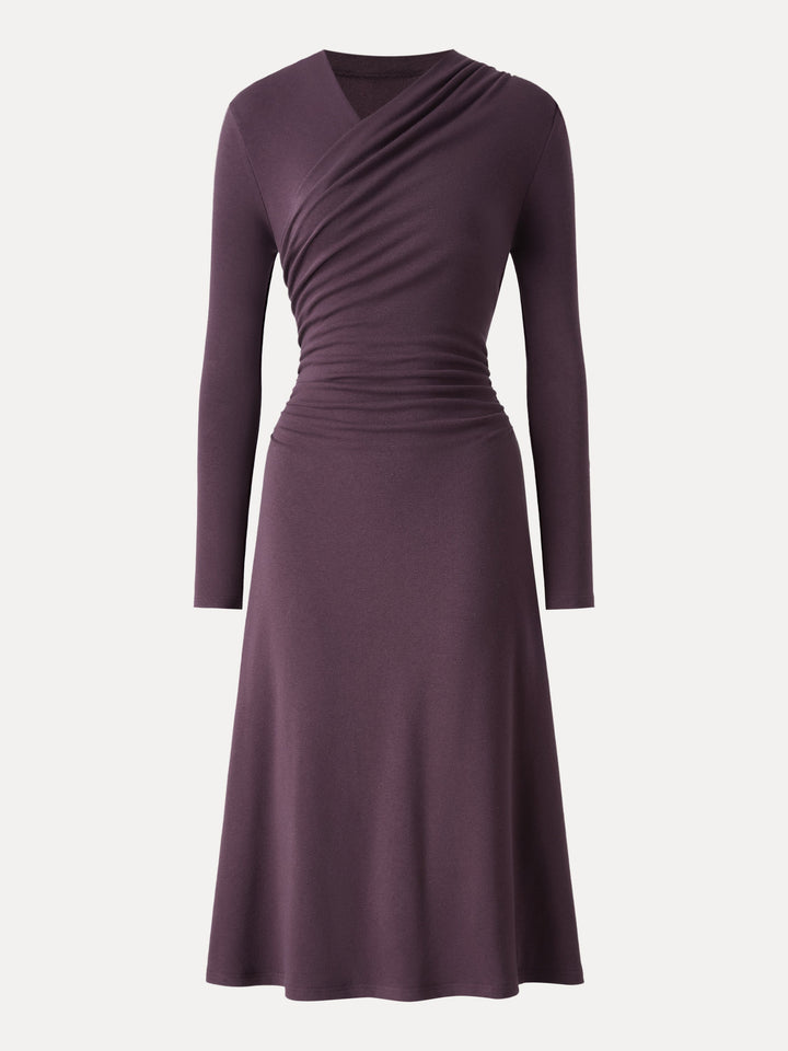 ProWarm Crossover Wrap Neck Long Sleeve Ruched Midi Dress