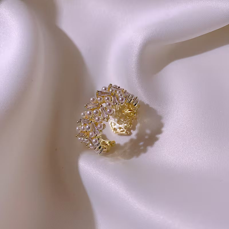 Top-down view of the ring showing the pearl setting