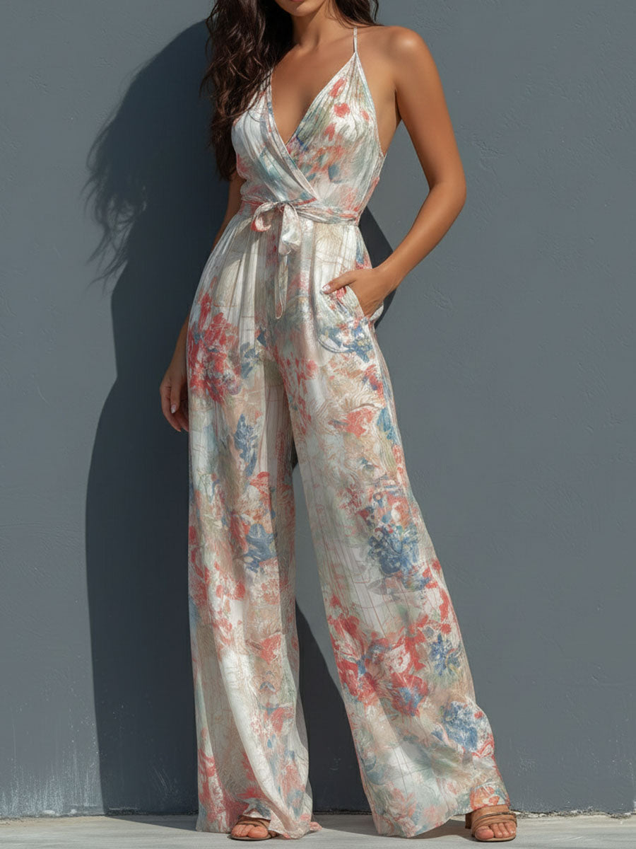 Boho Resort Floral Satin Halter Wrap Front Wide-Leg Jumpsuit