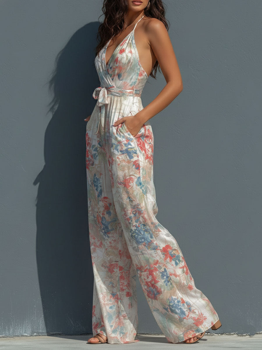 Boho Resort Floral Satin Halter Wrap Front Wide-Leg Jumpsuit