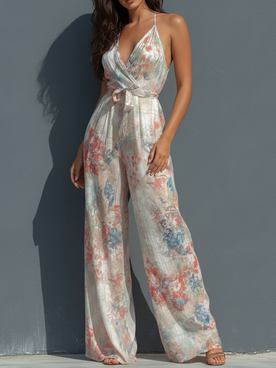 Boho Resort Floral Satin Halter Wrap Front Wide-Leg Jumpsuit