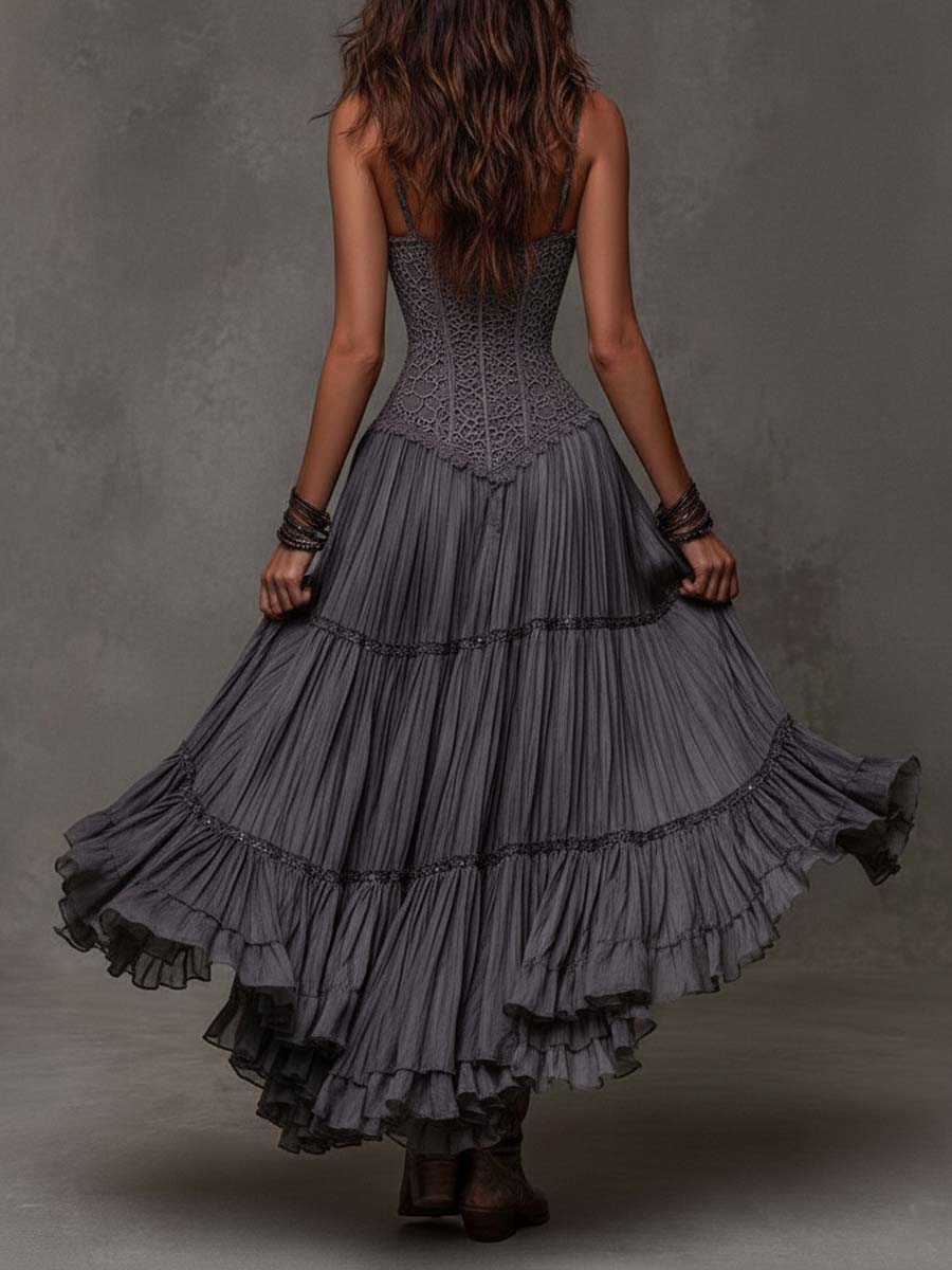 Dark Gray Lace Bodice Tiered Crinkle Maxi Dress