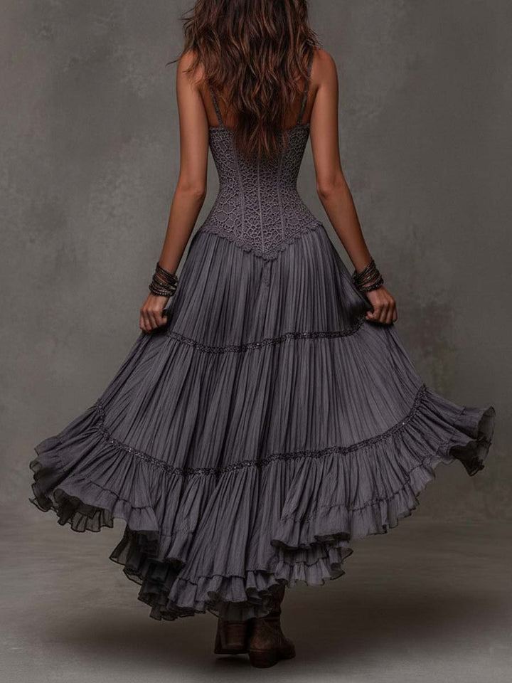 Dark Gray Lace Bodice Tiered Crinkle Maxi Dress