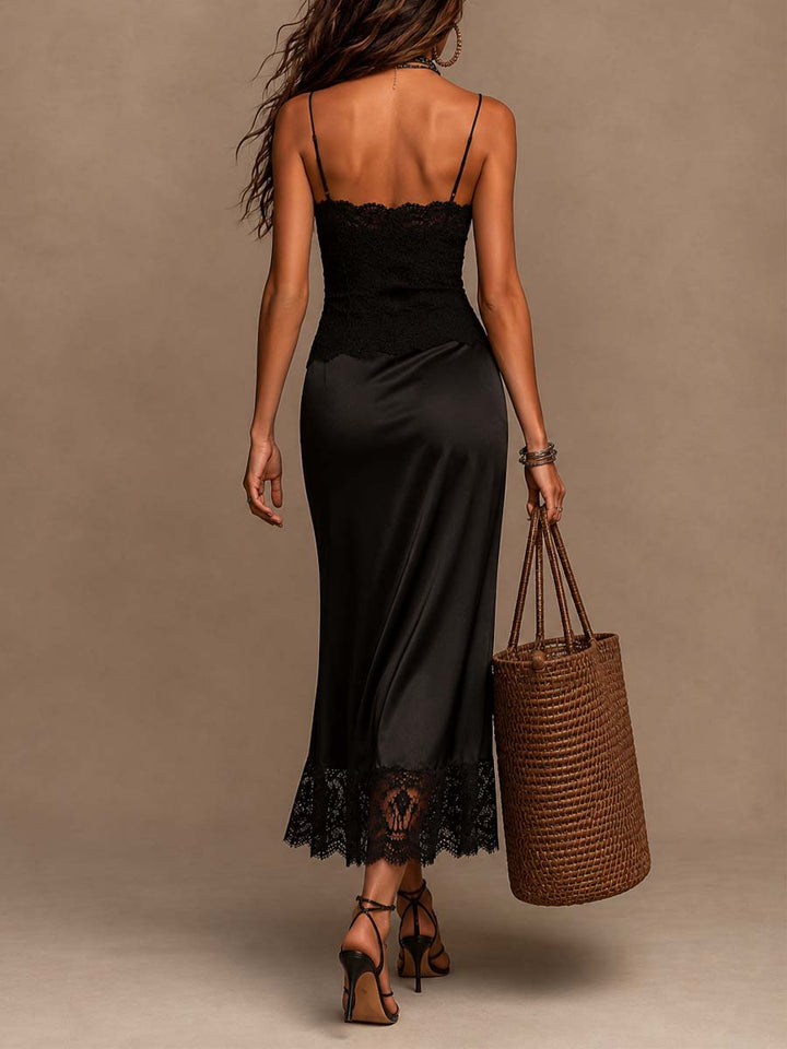 Vintage Lace Cami Spliced Satin Lace Hem Midi Dress