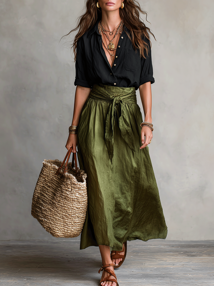 Effortless Boho Black Blouse & Olive Satin Midi Skirt Set