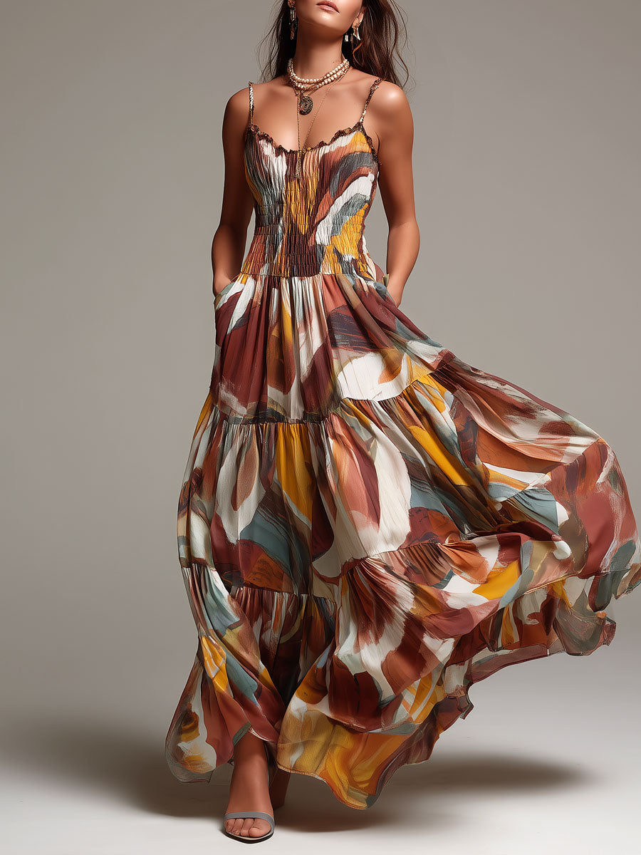 Boho Abstract Multicolor Smocked Bodice Maxi Dress
