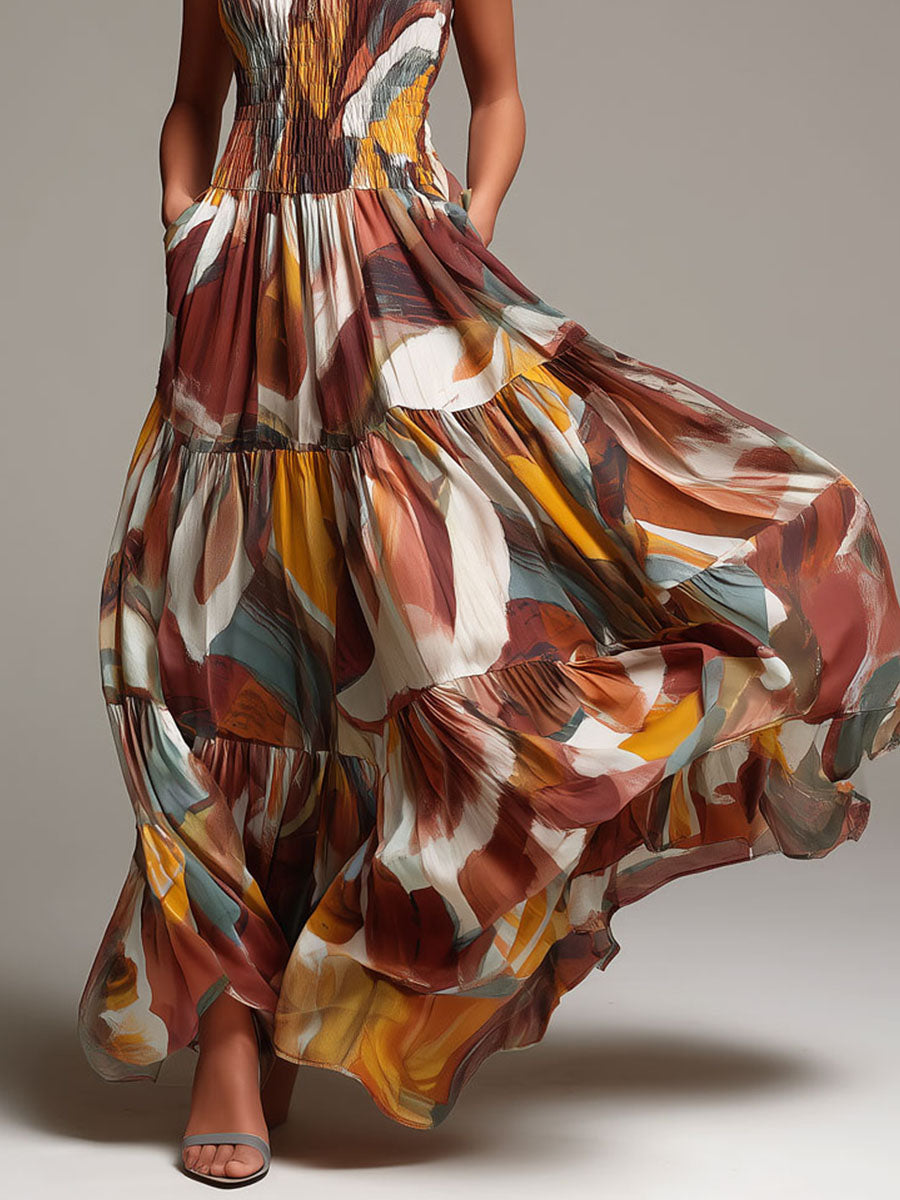 Boho Abstract Multicolor Smocked Bodice Maxi Dress