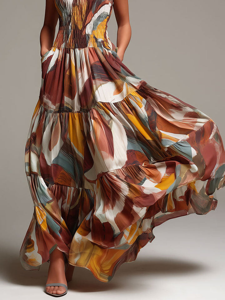 Boho Abstract Multicolor Smocked Bodice Maxi Dress