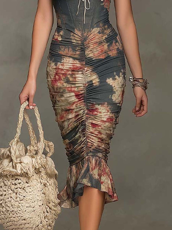 Bohemian Satin Vintage Floral Print Halter Lace Trim Ruched Midi Dress
