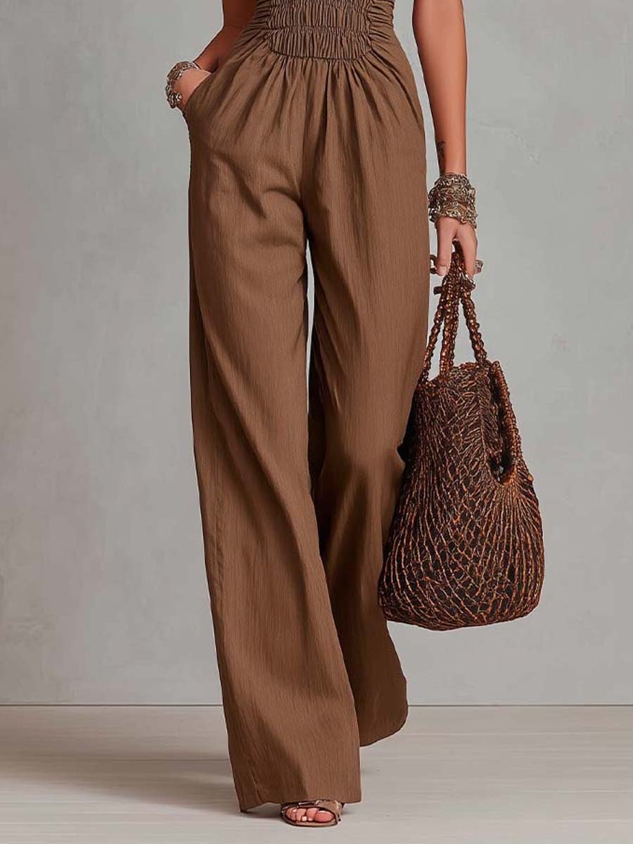 Bohemian Halter Smocked Waist Linen-Cotton Wide-Leg Jumpsuit