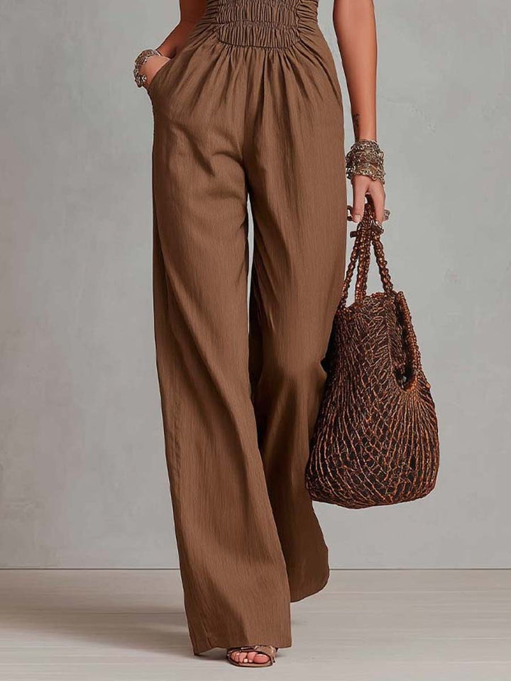 Bohemian Halter Smocked Waist Linen-Cotton Wide-Leg Jumpsuit