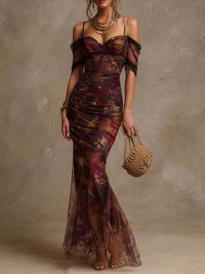 Vintage Floral Print Off-the-Shoulder Ruched Mesh Mermaid Maxi Dress | Harry & Kate London
