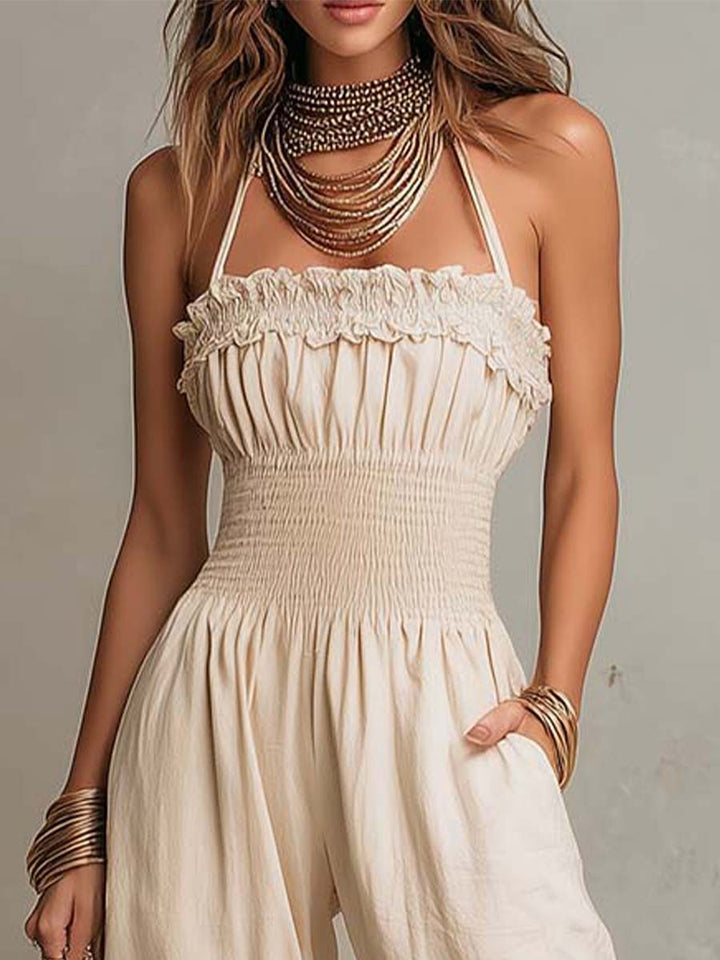 Bohemian Lace-Trimmed Linen-Blend Halter Harem Jumpsuit