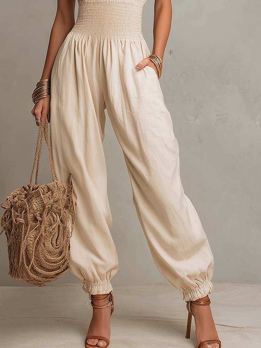 Bohemian Lace-Trimmed Linen-Blend Halter Harem Jumpsuit