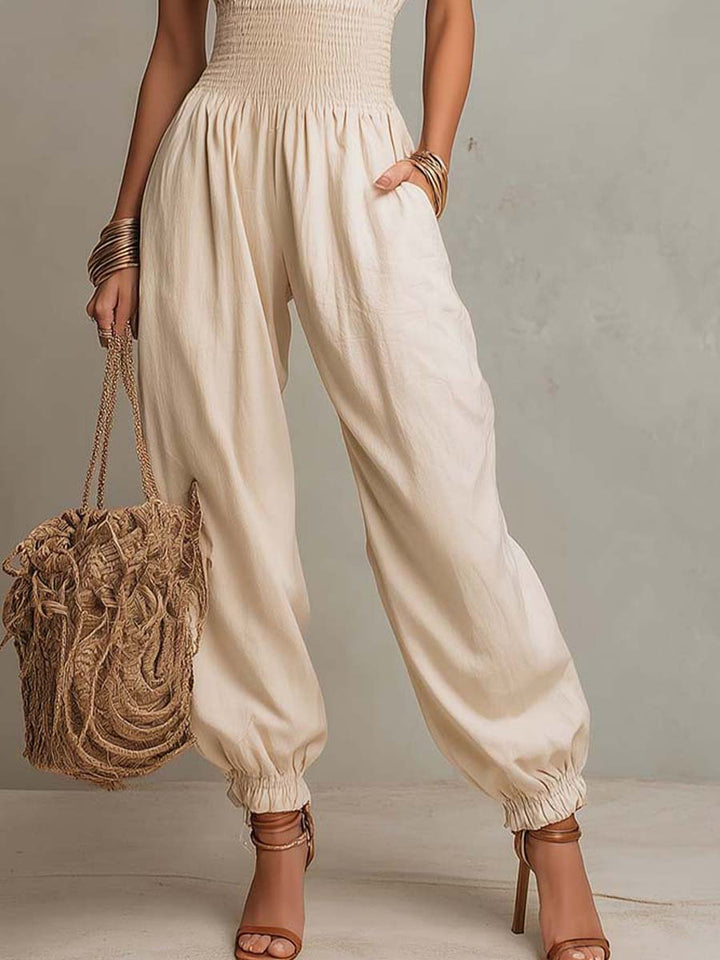 Bohemian Lace-Trimmed Linen-Blend Halter Harem Jumpsuit