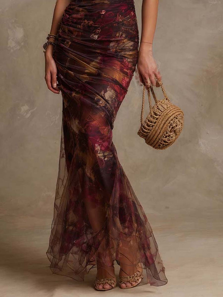 Vintage Floral Print Off-the-Shoulder Ruched Mesh Mermaid Maxi Dress | Harry & Kate London