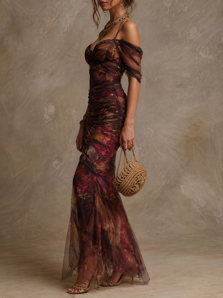 Vintage Floral Print Off-the-Shoulder Ruched Mesh Mermaid Maxi Dress | Harry & Kate London
