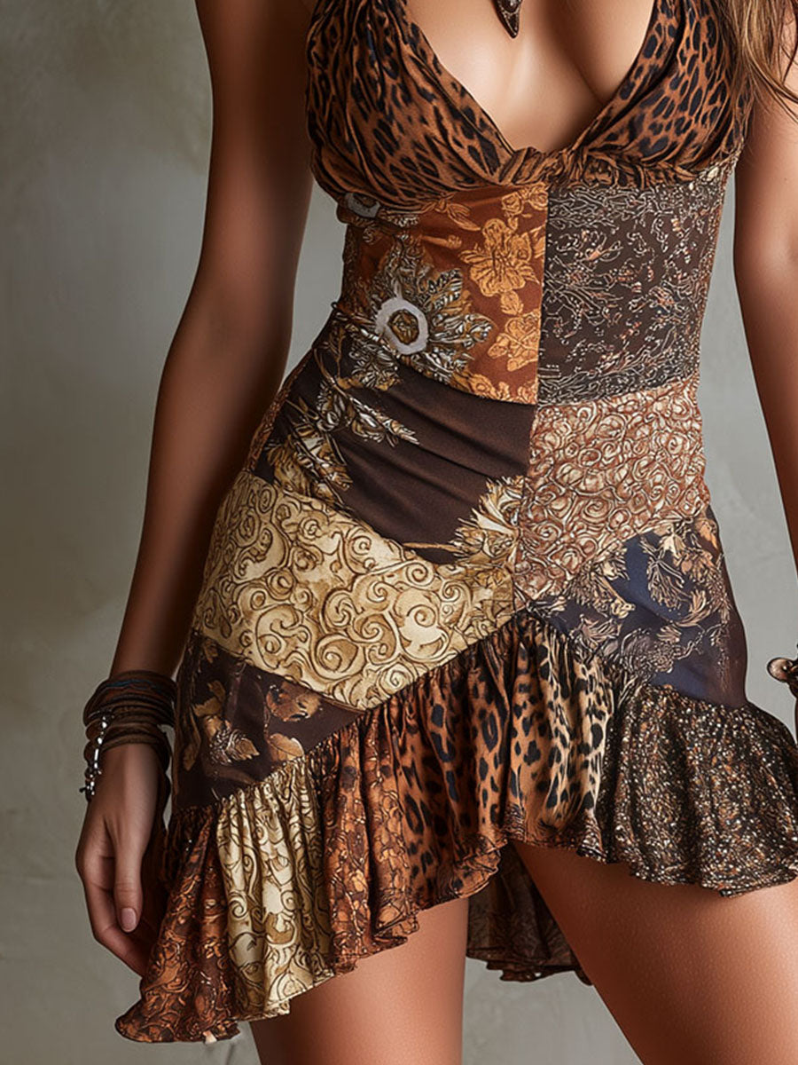 Boho Leopard & Baroque Print  Halter Ruffle Hem Mini Dress