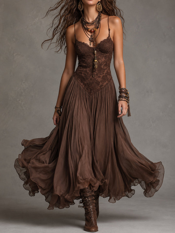 Dark Brown Lace And Chiffon Corset Maxi Dress