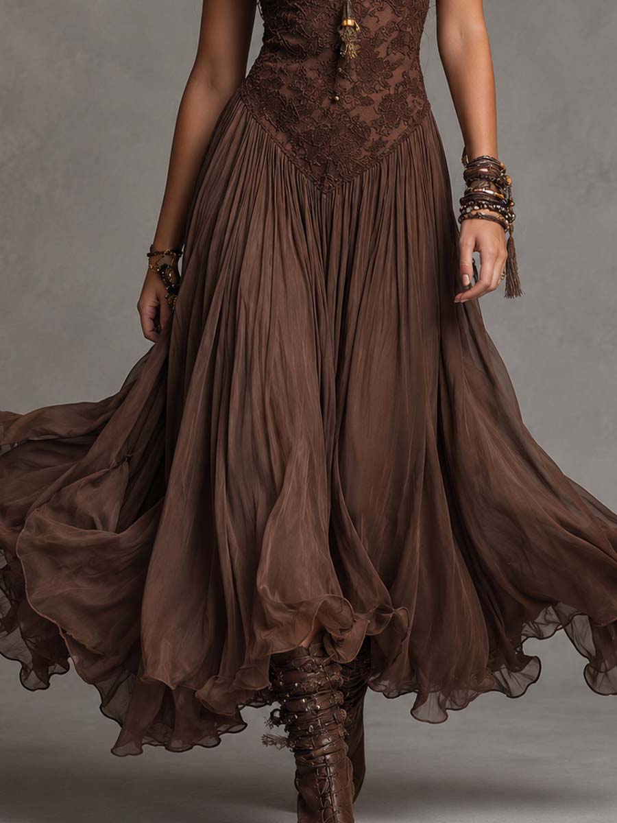 Dark Brown Lace And Chiffon Corset Maxi Dress
