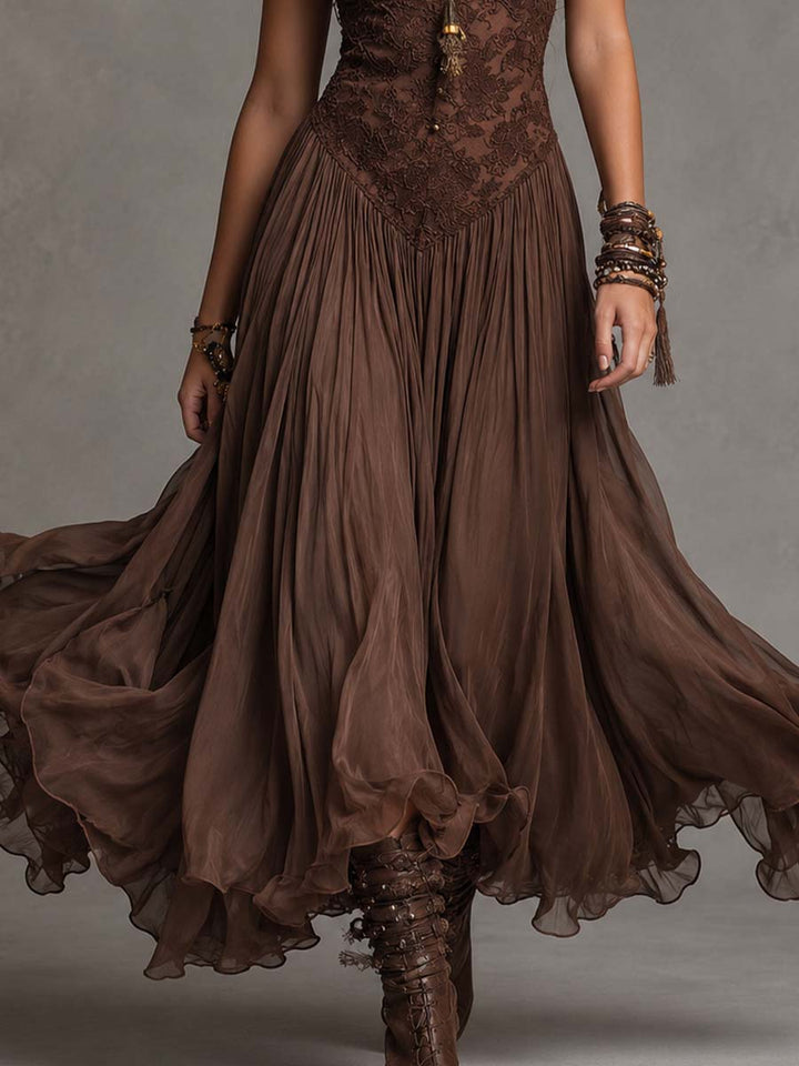 Dark Brown Lace And Chiffon Corset Maxi Dress