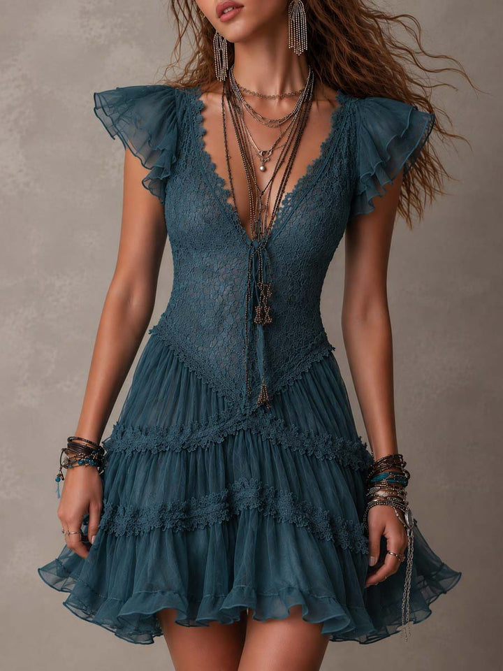 Retro Sea Blue Lace And Chiffon Ruffled Mini Dress | Harry & Kate London