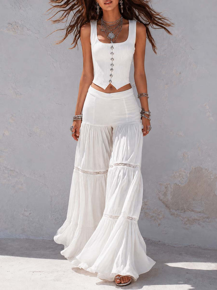 Bohemian White Ribbed Corset Top And Tiered Lace Pants Set