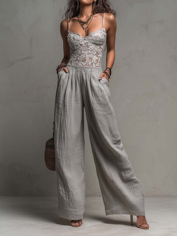 Bohemian Light Grey Lace And Crinkle Cotton Wide-Leg Jumpsuit