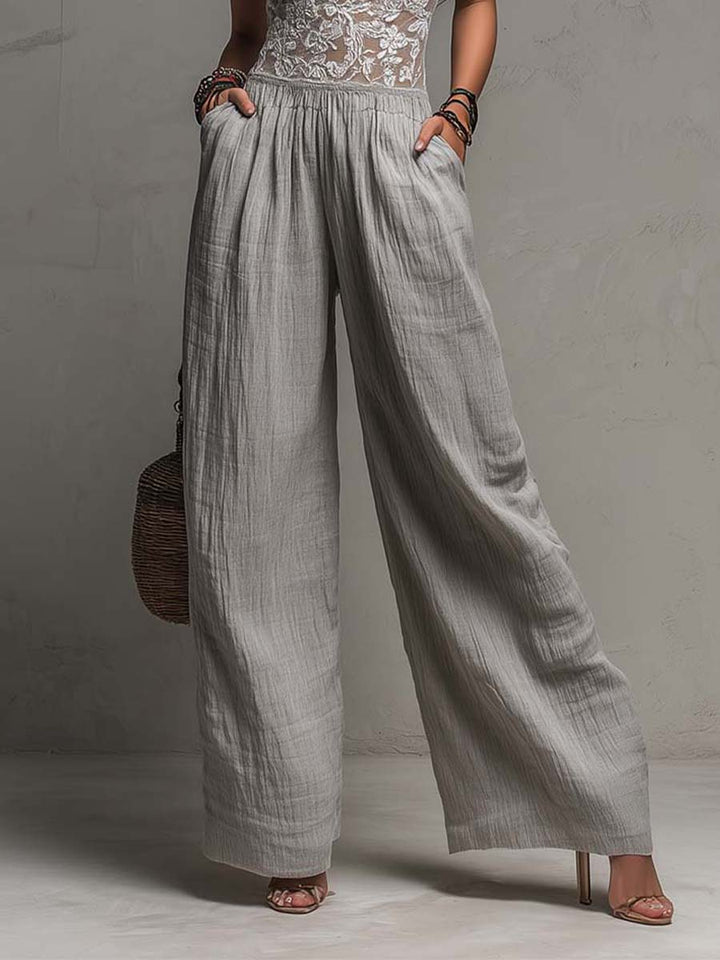 Bohemian Light Grey Lace And Crinkle Cotton Wide-Leg Jumpsuit