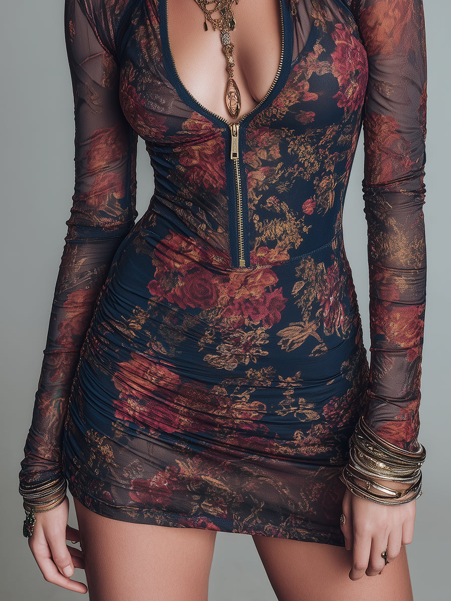 Quiet Luxury Floral Print Front-Zip Mesh Mini Dress
