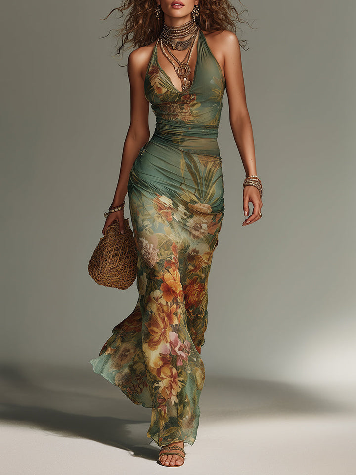 Retro Oil Painting Floral Print Slim-Fit Mesh Maxi Dress