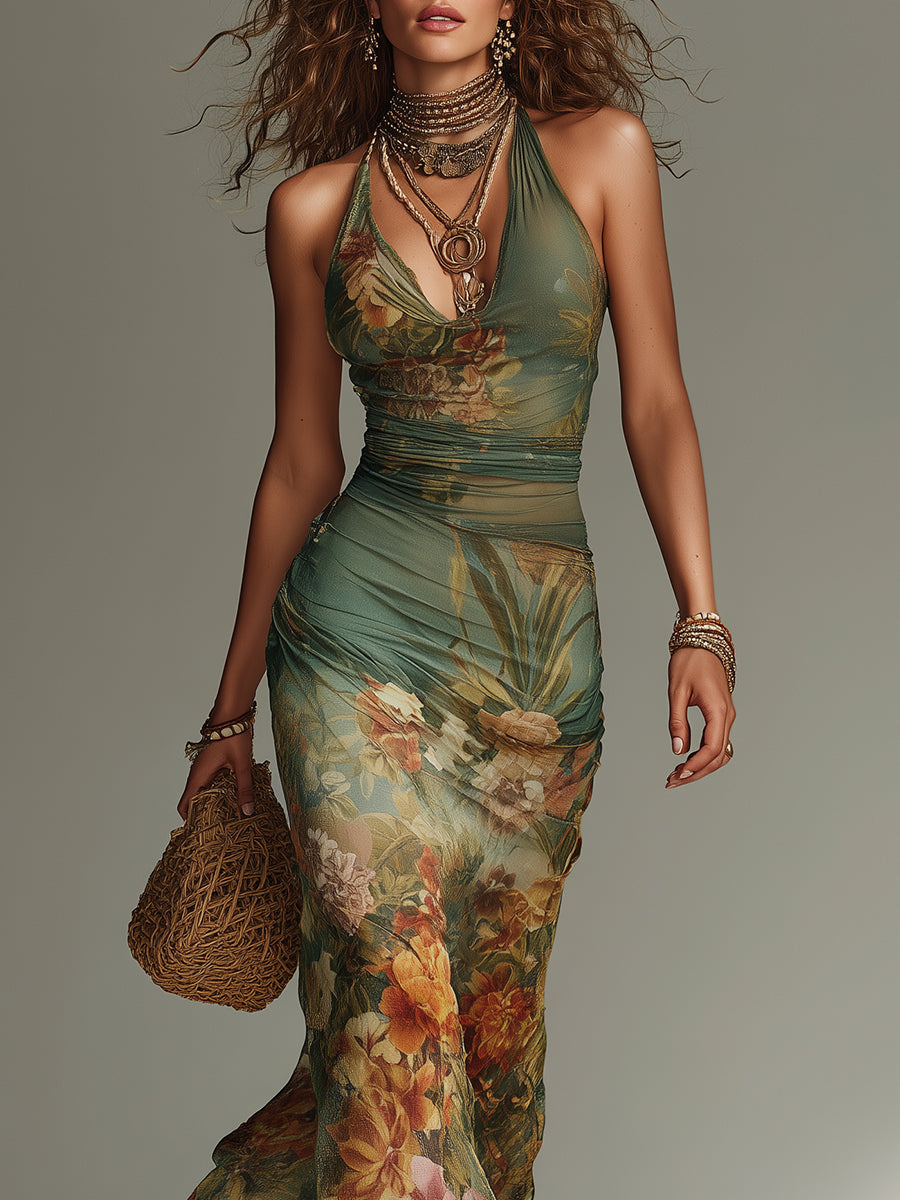 Retro Oil Painting Floral Print Slim-Fit Mesh Maxi Dress