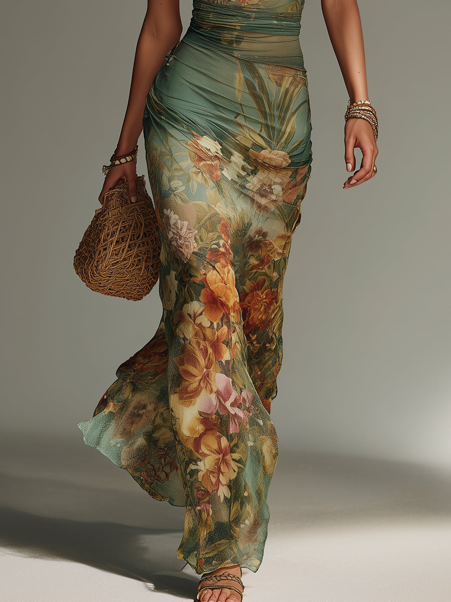 Retro Oil Painting Floral Print Slim-Fit Mesh Maxi Dress