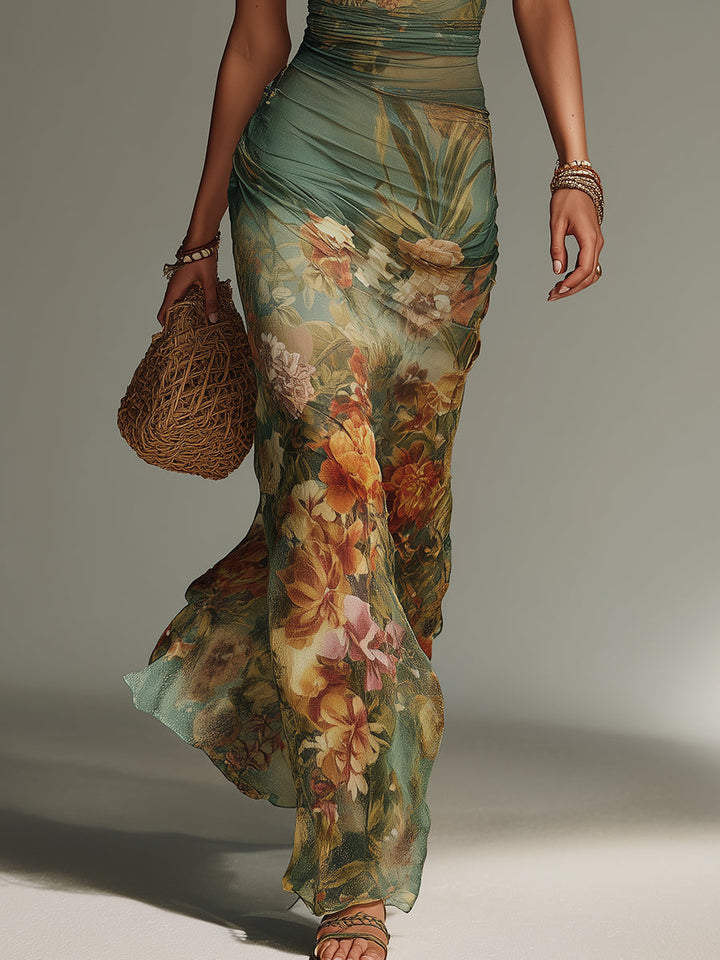 Retro Oil Painting Floral Print Slim-Fit Mesh Maxi Dress