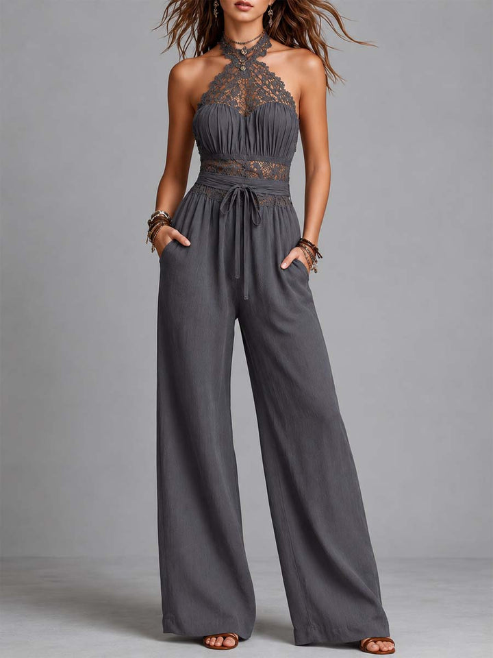 Charcoal Gray Lace Halter Crinkled Cotton-Linen Blend Wide-Leg Jumpsuit