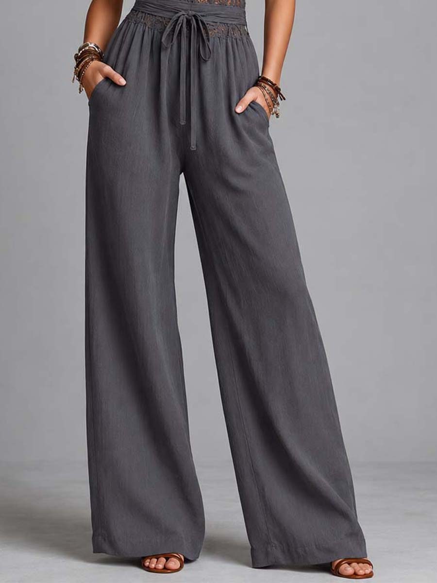 Charcoal Gray Lace Halter Crinkled Cotton-Linen Blend Wide-Leg Jumpsuit