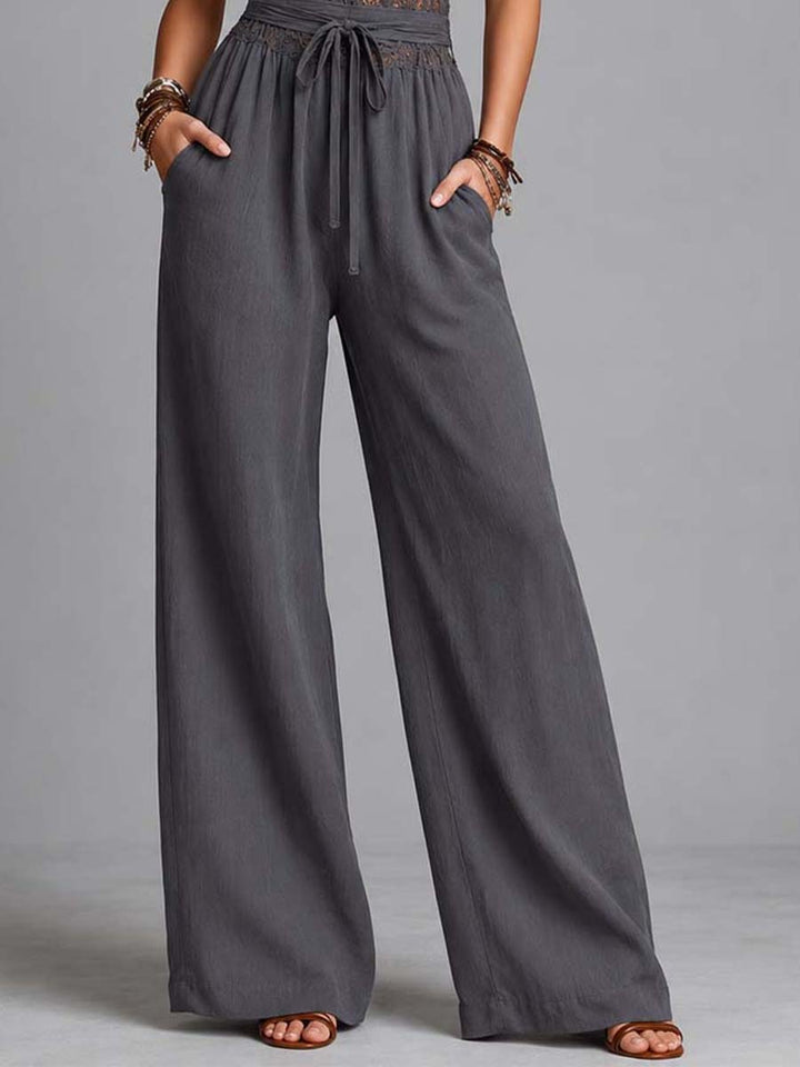 Charcoal Gray Lace Halter Crinkled Cotton-Linen Blend Wide-Leg Jumpsuit