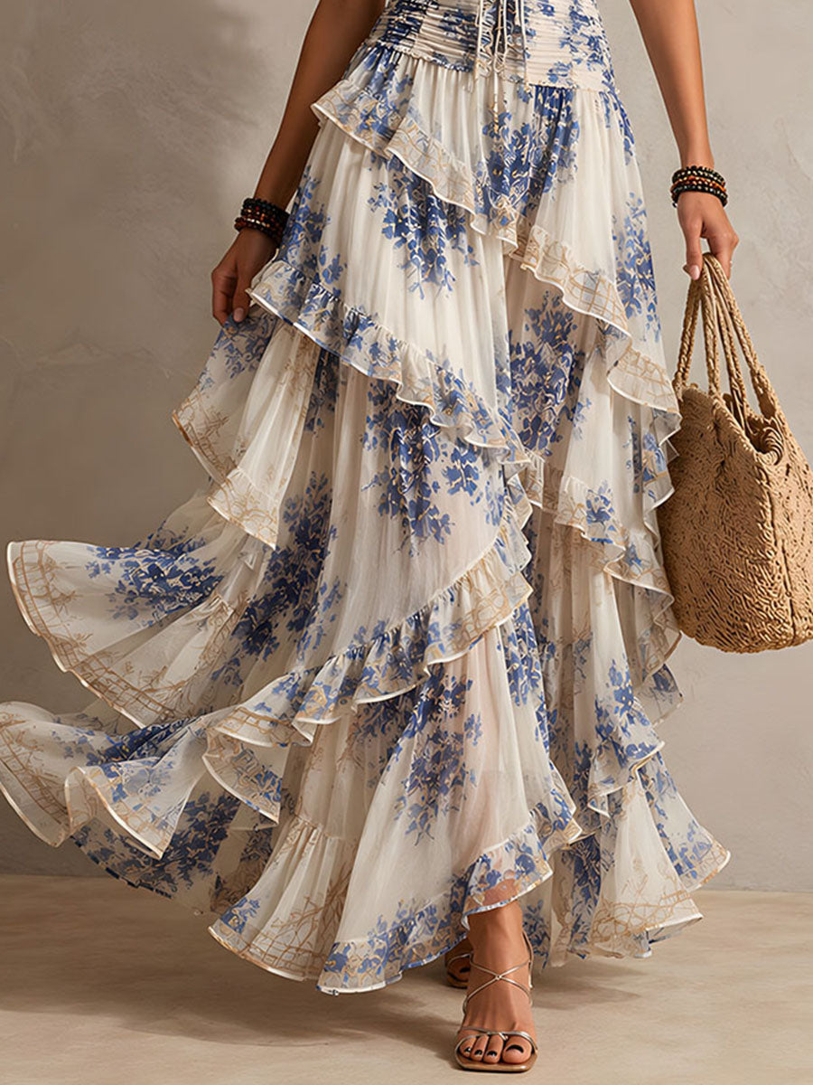 Boho Resort Blue Floral Halter Tiered Ruffle Chiffon Maxi Dress