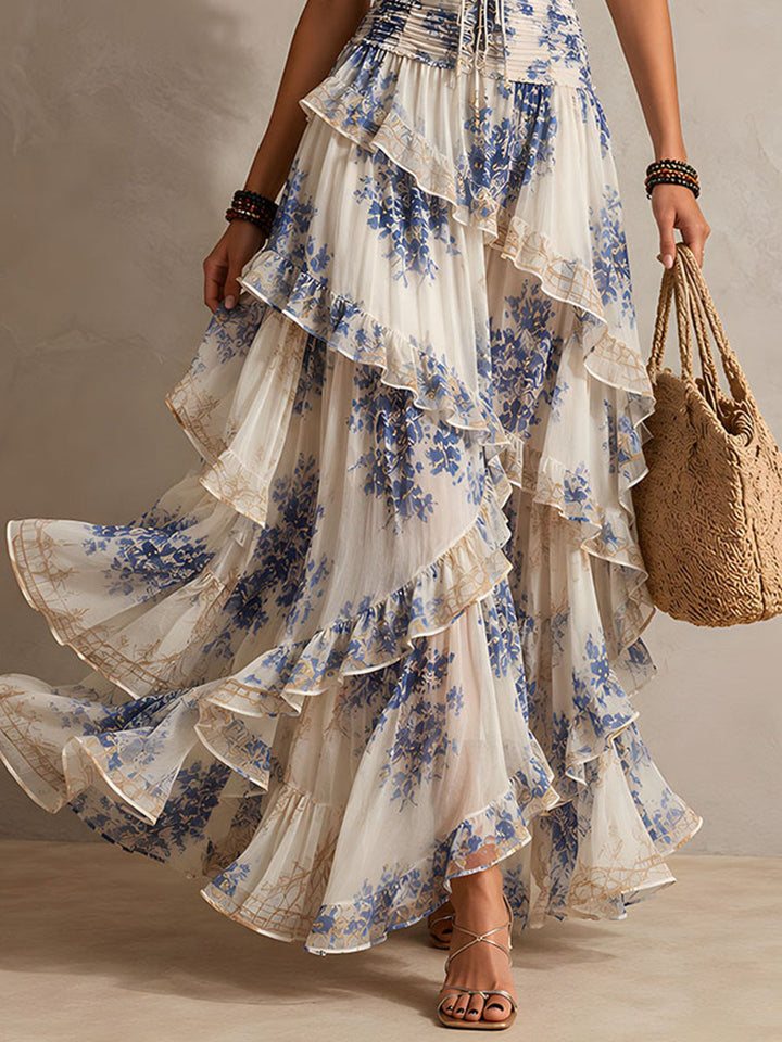 Boho Resort Blue Floral Halter Tiered Ruffle Chiffon Maxi Dress