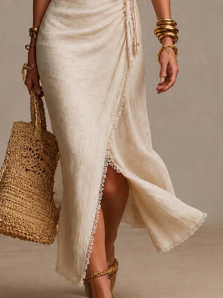 Natural Linen Wrap-Front Ruched Midi Dress With Lace Trim
